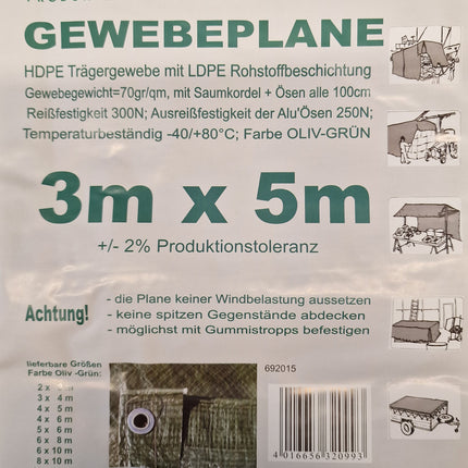 GewebePlane Economy Oliv, 3x5m mit Zurrösen für sicheren Halt